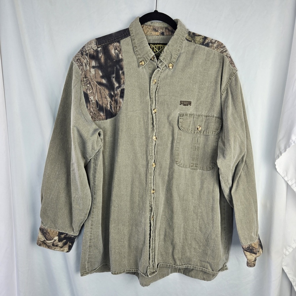 Vintage 90s Scottish Greys Hunting Camo  Shirt Mens Large Green Cotton Canvas